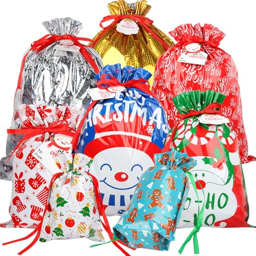 40 Stück Geschenktüten Weihnachten, Geschenkverpackung Taschen mit Kordelzug, Wiederverwendbare Weihnachtssack, Weihnachtstüten zum Verpacken von Geschenken Partybedarf (8 Design 8 Größen)