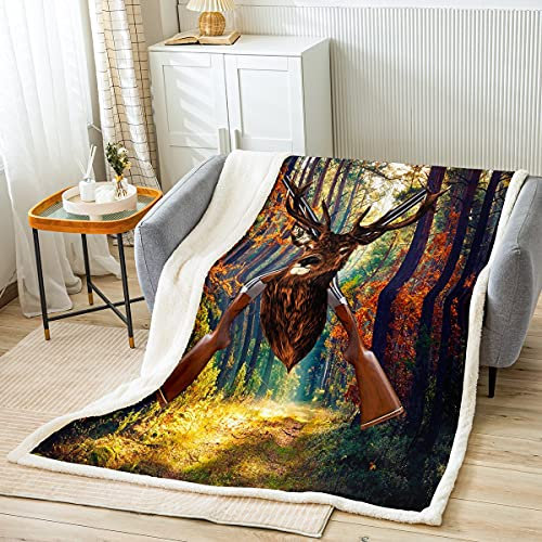 Homewish Hirsch Decke 150x200,Anlter Elk Gun Plüsch Bettdecke Für Jungen Teens Männer Wildtier Thema Sherpa Decke,Herbst Waldlandschaft Muster Fleece Flanket