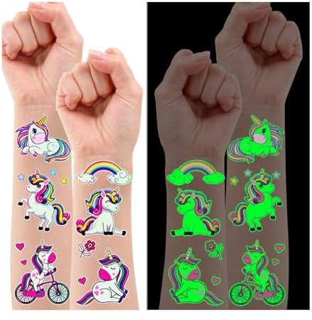 Leesgel 100 Stück temporäre Tattoos für Kinder, 10 Blatt leuchtende Einhorn-Tattoo-Aufkleber für Einhorn-Party-Dekorationen, Taschenfüller, Einhorn-Geschenke, Spielzeug für Mädchen, leuchtendes Kinder