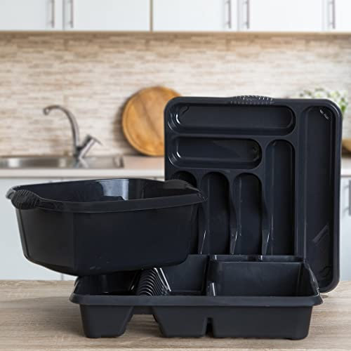 TENLITE Set of 3 Large Rectangular Washing Up Bowl with Dish Drainer & Cutlery Tray for Kitchen utensils (Midnight Greyish Or Dark Grey)