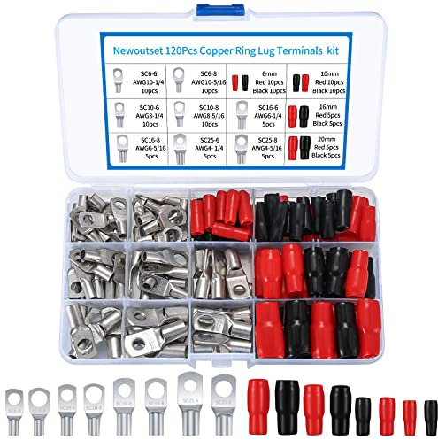 120 Stück Rohrkabelschuhe Set, Bolzenloch Kabelschuh Verzinnte Kupferklemmen Set, Kabelschuhe Batterie SC Terminalsatz, Schrumpfschlauch Ringklemmen
