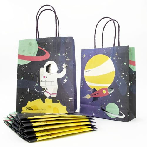 PARTY PARTY 8 Stück Geschenktüten mit Henkel, Motiv Weltall, Space, 19 x 15 cm für Mitgebsel, Süßigkeiten, Gastgeschenke ideal bei Kindergeburtstag, Geburtstag, Party