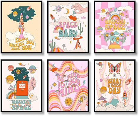 Hippie-Wandkunst, Vintage-Wanddekor-Drucke, Set mit 6 Hippie-Blumen, Leinwand, 60er-/70er-Jahre-Retro-Poster, abstrakt, minimalistisch, fröhliches Gesicht, Boho-Fotos für Wohnzimmer, Schlafzimmer, (H,