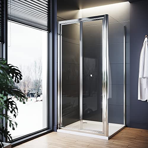 ELEGANT 760 x 760mm New Bifold Shower Enclosure with Magnetic Reversible Folding Shower Cubicle Door with Stone Tray + Waste Set - Easy to Install