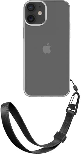 ZhinkArts - Handschlaufe mit Handyhülle kompatibel mit iPhone 12/12 Pro - Handykette zum Umhängen - Band/Schnur abnehmbar - Clear - Schwarz
