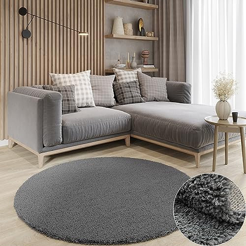 MY-RUG Teppich Shaggy Star Hochflor rund grau 150 x 150 cm - Esszimmer Teppich, Langflor, Günstig