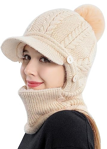 WANYIG 2 in 1 Winter Strickmütze Schal Mütze Set Winddichte Wintermütze Damen Fliegermütze mit Ohrenschutz Warm Skimütze mit Schal Bommel Plüschfutter(07 Beige)