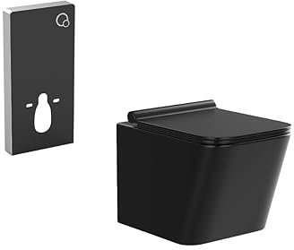 Vente-unique - Pack WC suspendido negro mate con soporte decorativo - CLEMONA
