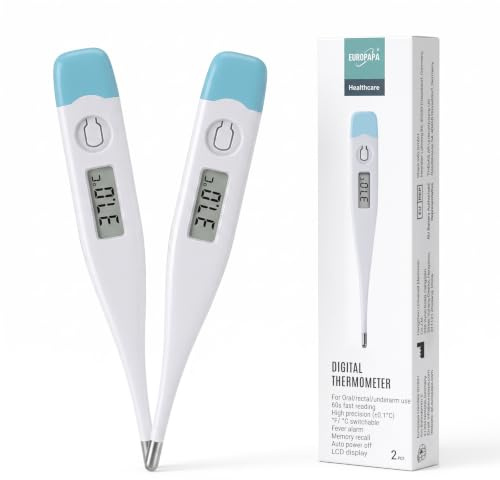 EUROPAPA 2 Stück Digitales Fieberthermometer für Babys, Kinder und Erwachsene, Thermometer für oral, axillar oder rektal, wasserdicht mit Fieberalarm (Hellblau)