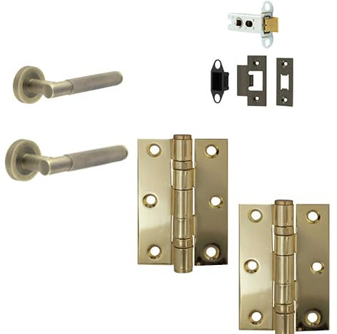 i IRONMONGERY SOLUTIONS Latch Pack of Door Handle, Tubular Latch & Hinges - Pack of Door Handle in Antique Brass Finish & Dimensions 76mm x 50mm