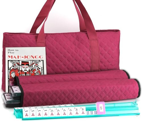 American Mahjong Set 166 White Engraved Tiles Burgundy Quilted Carrying Bag | Complete set includes 4 all in one racks and pushers for American Mah Jongg play family game night parties travel and gifting