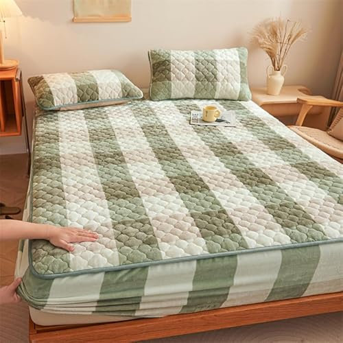 FCLDESHOP Spannbettlaken Ultra Weich,Dickes gestepptes Korallenvlies-Spannbetttuch, Matratzenschoner mit Cartoon-Druck für Jungen- und Mädchenschlafzimmer, quadratisches Grün 2,180 x 200 cm (3 Stück)