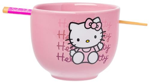 Silver Buffalo Sanrio Hello Kitty Waving Pink Ceramic Ramen Noodle Rice Bowl with Chopsticks, Microwave Safe, 20 Ounces,