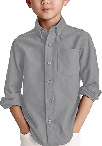 Karlywindow Boys' Long-Sleeve Dress Shirts Classic Collared Button-Down Tshirt Cotton Children's Plain Top with Chest Pocket, Gray, 12-14 Years