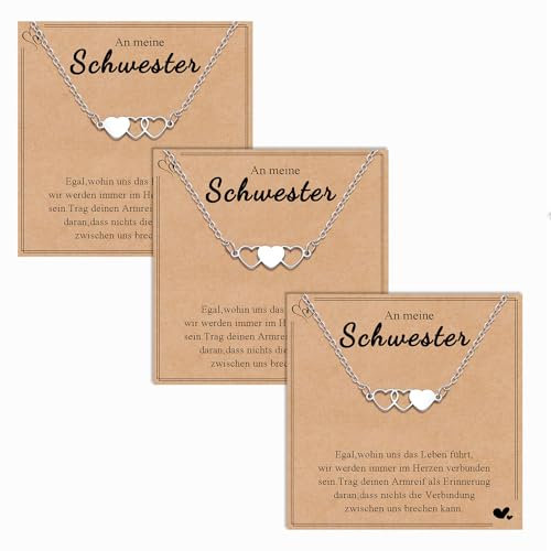 CheersLife 3 Stück Schwester Halsketten Freundschaft Bester Freund Distanz Edelstahl Passende Aushöhlen Herz Halskette Geburtstag Geschenk Schmuck für Schwester Damen Mädchen Weihnachten X Geschenk