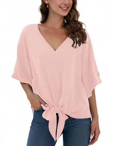 Anelune Damen Chiffon Blusen mit V-Ausschnitt und Bindung vorne Fledermausärmel Kurzarm Sommerliche Oberteile und Hemden Rosa L