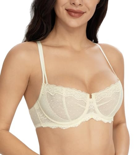 Lemorosy-Sujetador Mujer de Encaje Balconette Media Copa con Aros Sexy Malla Semi-Transparente sin Relleno Push up(Beige,100C)