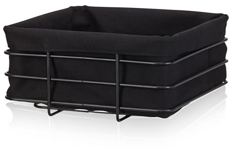 KHG Brotkorb aus Metall mit Stoffeinsatz in schwarz, eckig 21,5x23 cm, Brötchenkorb aus Edelstahl, Stoffeinlade herausnehmbar & waschbar, moderner Frühstückskorb, als Obstkorb verwendbar