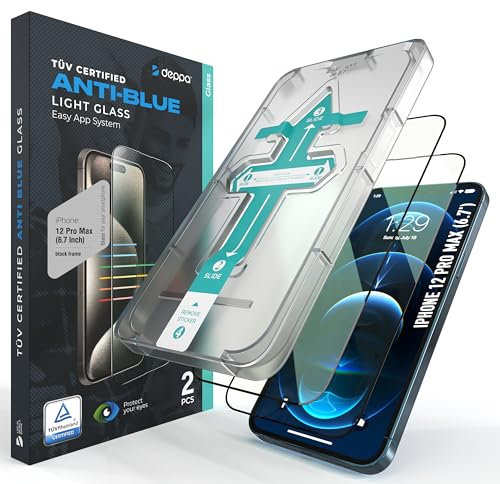 Deppa |2 Pack| Eye Safeguard Certified Anti-Blue Light Screen Protector for iPhone 12 Pro Max (6.7') Tempered Glass Edge to Edge Full Cover with Easy Installation Kit Tray