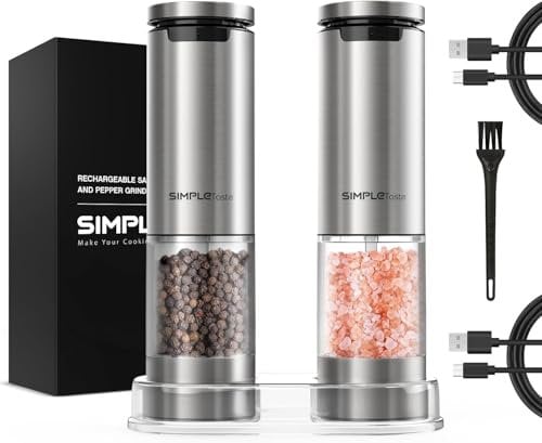 SIMPLETASTE Molinillo de pimienta y sal y Eléctrico Recargable Juego de 2 de acero inoxidable con cable tipo C y luz LED Grand Capacidad 95ml