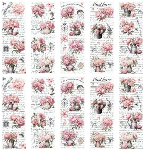 WANDIC 10 Blatt Transfer-Aufkleber, Vintage-Pfingstrosen-Blumen-Aufkleber, Retro, rosa Blume, Wort-Aufkleber für DIY, Scrapbooking, Fotoalben, Möbel, 30 x 9,9 cm