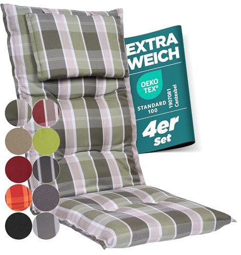 gardisun Gartenstuhlauflagen Hochlehner mit Kopfteil I Extra Dicke Sitzauflagen I Made in EU I Ideale Polsterauflagen für Hochlehner I Auflagen mit extra hoher Lichtechtheit I 4er Set I Grün kariert