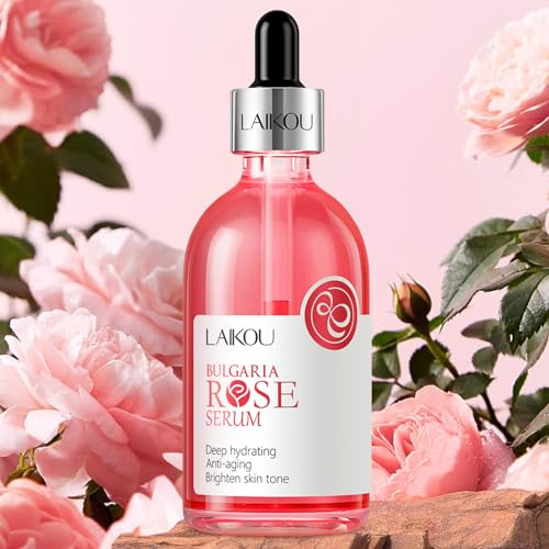 LAIKOU Sérum Visage Hydratant, 100ml Sérum Hydratant Visage Essence, pour Tous Types de Peaux, Efficace Sur Taches Brunes & Rides et Éclat du Teint (100ml, Rose)