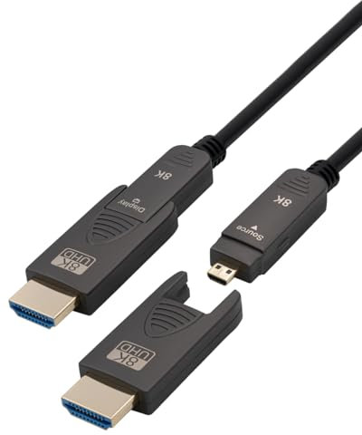 MAXTRACK Cable HDMI activo de fibra óptica: C504-30ML, HDMI 2.1, 8K @60Hz, 4K @120Hz, eARC, 3D, ultraflexible en diámetro de 4,8 mm, conector de metal dorado, HDMI D a HDMI D, incluye 2 adaptadores