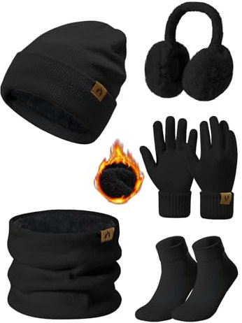 UMIPUBO Mütze Schal Handschuhe Damen Winter Set Wintermütze Fleece Gefütterte Beanie Loop Schlauchschal Wärmer Touchscreen Plüsch Ohrenwärmer Verdickte Ohrenschützer Socken-5 Stück Set,Schwarz