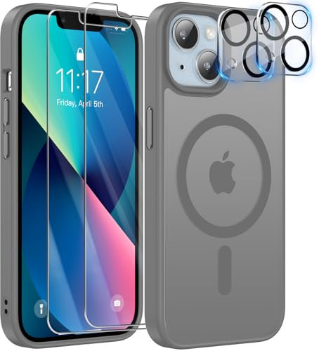 YisrLery 5-in-1 iPhone 13 Hülle für Mag Safe mit 2 Stück und 2 Stück Kameraschutz Militärnorm Schutz, PC Kratzresistente Rückseite TPU Bumper Magnetische Hülle 6,1'' (Grau)