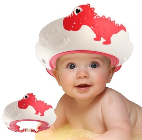 Baby Shower Cap Shield, Shower Cap for Kids, Visor Hat for Eye and Ear Protection for 0-9 Years Old Children, Cute Dinosaur Shape Makes the Baby Bath More Fun (Red)