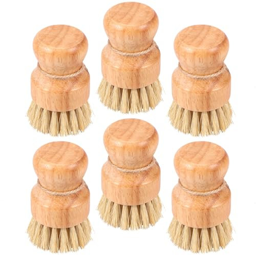 6Pcs Wood Dish Brush with Ergonomic Handle Wooden Washing Up Brush Hard Dish Scrub Brush Reusable Pot Scrubber for Cleaning Sink Dish Pan Pot