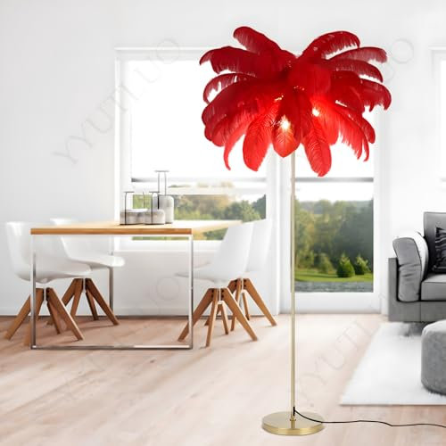 YYUTLUO Moderne Federlampe, Stehlampe Aus Natürlichen Straußenfedern, 160cm Hoch, Goldene Stange Und Sockel, Stehlampe, 3 Farbtemperaturen, G4 Led Lampen Wohnzimmer Kinderzimmer Schlafzimmer (Rot)