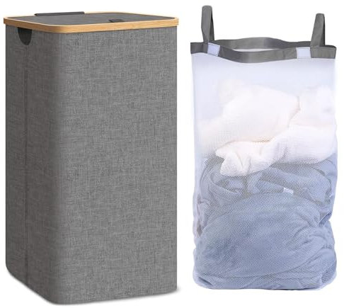 AIKVIGSS 100L Wäschekorb mit Deckel, Wäschekorb Schmal mit herausnehmbarem und waschbarem Innensack, faltbare Wäschekörbe für Waschküche, Schlafzimmer, Schlafsaal (Grau)