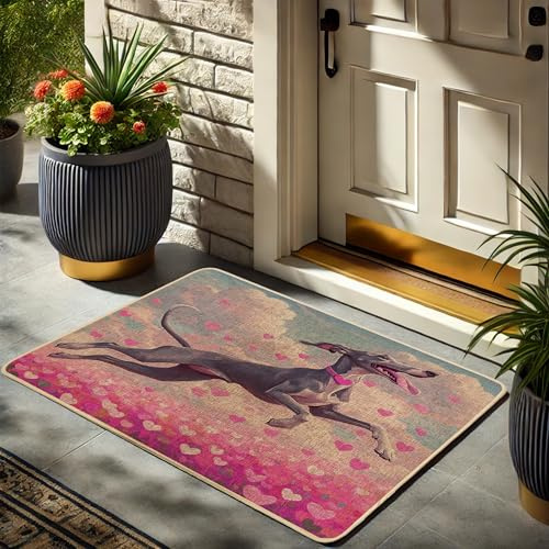 Spring Greyhound Doormat, Peach Hearts Door Mat for Outdoor & Indoor Entrance Seasonal Decor, Rubber Waterproof Non-Slip Dust Absorbent Front Doormat, Easy Clean 29x17 Inch
