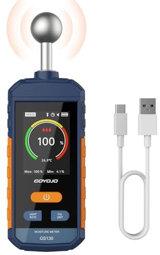 GOYOJO Feuchtigkeitsmessgerät Wand, Wiederaufladbar mit 5-40mm Kugelsensor, Zerstörungsfreie Scans für Holz/Wände/Baustellen, Einstellbare Alarme & Temperaturanzeige
