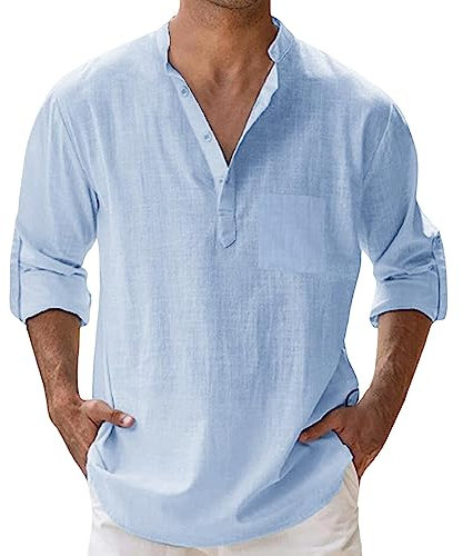 Chemise Col Mao Homme Coton- Chemise Manches Longues Couleur Unie DéContractéE avec Bouton Haut ÉTé Leger Baggy Chic Tee Shirt Comfortable Blouse Simple Top Respirante Tunique De Plage