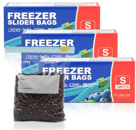 90PCS Zip Lock Food Storage Freezer Bags, TAIYUNWEI Reusable Small Freezer Bags with Expandable Bottom–Freezer and Microwave Safe, for Sanwich, Fruit, Snack, Veggie, Grain, Meat (90PCS-Small-1 Quart)