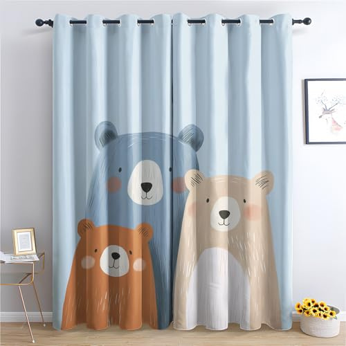 Luxfieo Bär Vorhänge Kinder Süße Cartoon Bären Vorhang Blickdicht Gardinen Verdunklungsvorhänge mit Ösen Thermovorhang für Wohnzimmer Schlafzimmer Kinderzimmer Fenster Deko 2er Set H 166 x B 75 cm T#