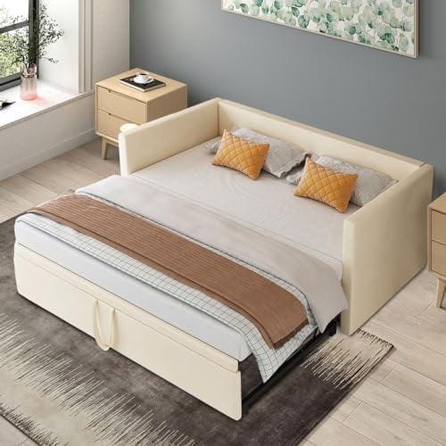 DAHUEN Schlafsofa 90/180x200 cm, 2 Sitzer Sofa mit Schlaffunktion, Bett Ausziehbar zum Doppelbett, Tagesbett Ausziehbar, Ausklappbares Sofa, Ausziehbett, schlafcouch, Samt, Ohne Matratze (Beige)