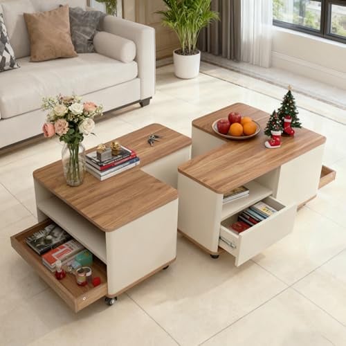 Ogimeka Couchtisch mit Rollen und Stauraum, Wohnzimmertisch mit Schublade & Offener Ablagen, 2er Set L-förmiges Sofatisch, Kaffeetisch aus Holz für Wohnzimmer, Schlafzimmer, Büro (Braun)