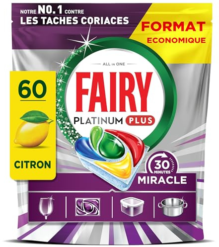Fairy Platinum Plus Tablettes Lave-Vaisselle Tout-en-1, Miracle 30 Minutes, 60 Tablettes, Notre Nettoyant n°1 Pour Les Résidus Alimentaires Tenaces