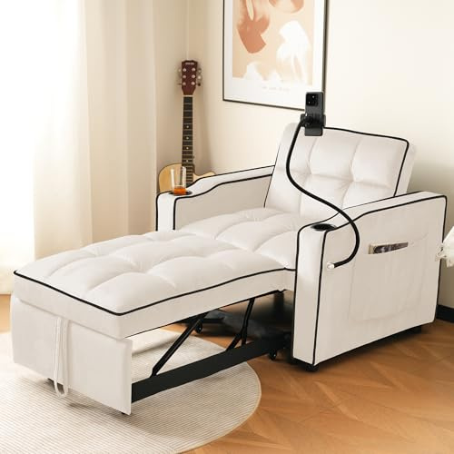 ZONJIE Schlafsofa mit Ausziehfunktion, 3-in-1-Schlafsofa mit 2 Getränkehaltern und Handyhalterung, Schlafsofa, Sessel, ideal für kleine Räume, 83 x 167 x 76 cm (Beige)