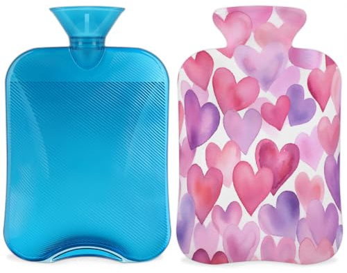 Mexpekil Love Heart Hot Water Bottle with Cover, 2L PVC Hot Water Bag for Pain Relief, Feet, Back, Warmth