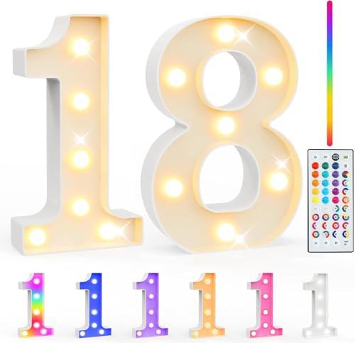 Ledido 35 Farben LED Zahlen Lampe Nummer Beleuchtete Ziffern 18 | Led Leuchtzahlen mit Fernbedienung Dimmbar, Dekoration für Happy Birthday Party Deko,Hochzeitsdeko,Desktop Wandtischdeko