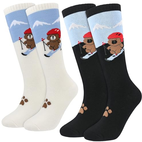 KOOOGEAR Kids Ski Socks Boys Girls Thermal Thick Warm Winter Cozy Socks for Skiing Snowboarding 2Pairs 6-12Years (Black White)