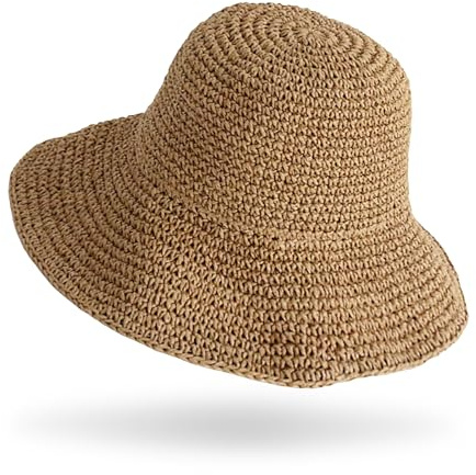 RICUHJIAJU Chapeau Paille Femme, Chapeau Femme Soleil, Chapeaus de Soleil en Paille Ete, Chapeaus de Plage Respirant, pour Vacances, Voyage, Pêche et Détente en Extérieur