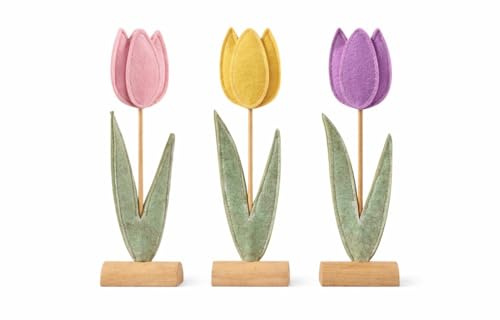 Seyila Home Tulpen aus Filz mit Holzfuß 3 er Set in den Farben Gelb,Rosa und Lila, schöne Wohnraumdekoration, Wohnaccessoire, Blume