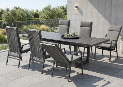 Gardissimo Gartenmöbel Set Nizza mit Faro - 6 Rope Stapelsessel inkl. Auflagen Extra Hoher Verstellbarer Rücken, Keramik-Ausziehtisch Wetterfest bis 10 Personen - Aluminium Sitzgruppe Dining