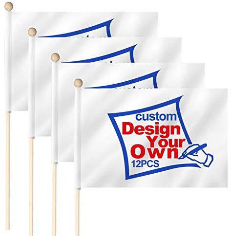 Anley Maßgeschneiderte Miniatur-Stabflagge 10 x 15 cm mit Holzstange - Drucken Sie Ihr eigenes Logo/Design/Wörter - lichtbeständig und kinderleicht - individuelle Mini-Flaggen-Banner (1 Dutzend)